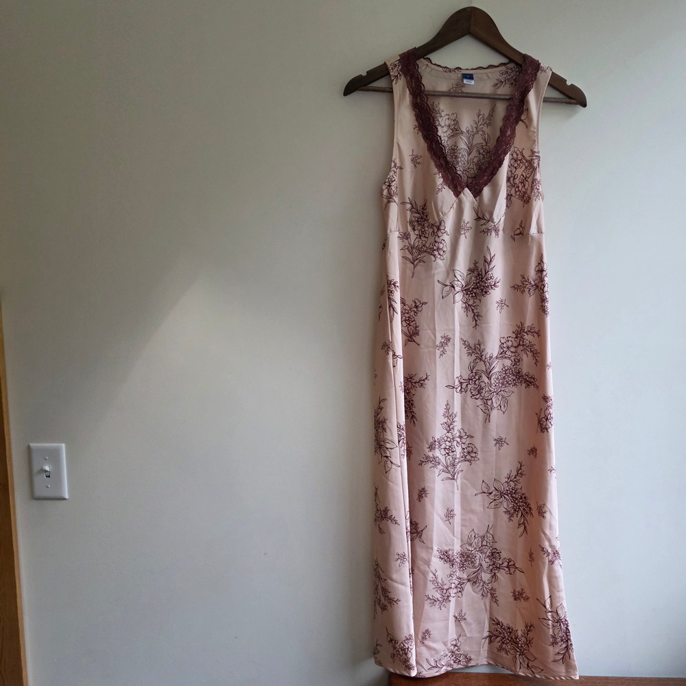 Old Navy Y2K Babydoll Lace‎ Pink Floral Satin Slip Dress Midi Small Soft Girl